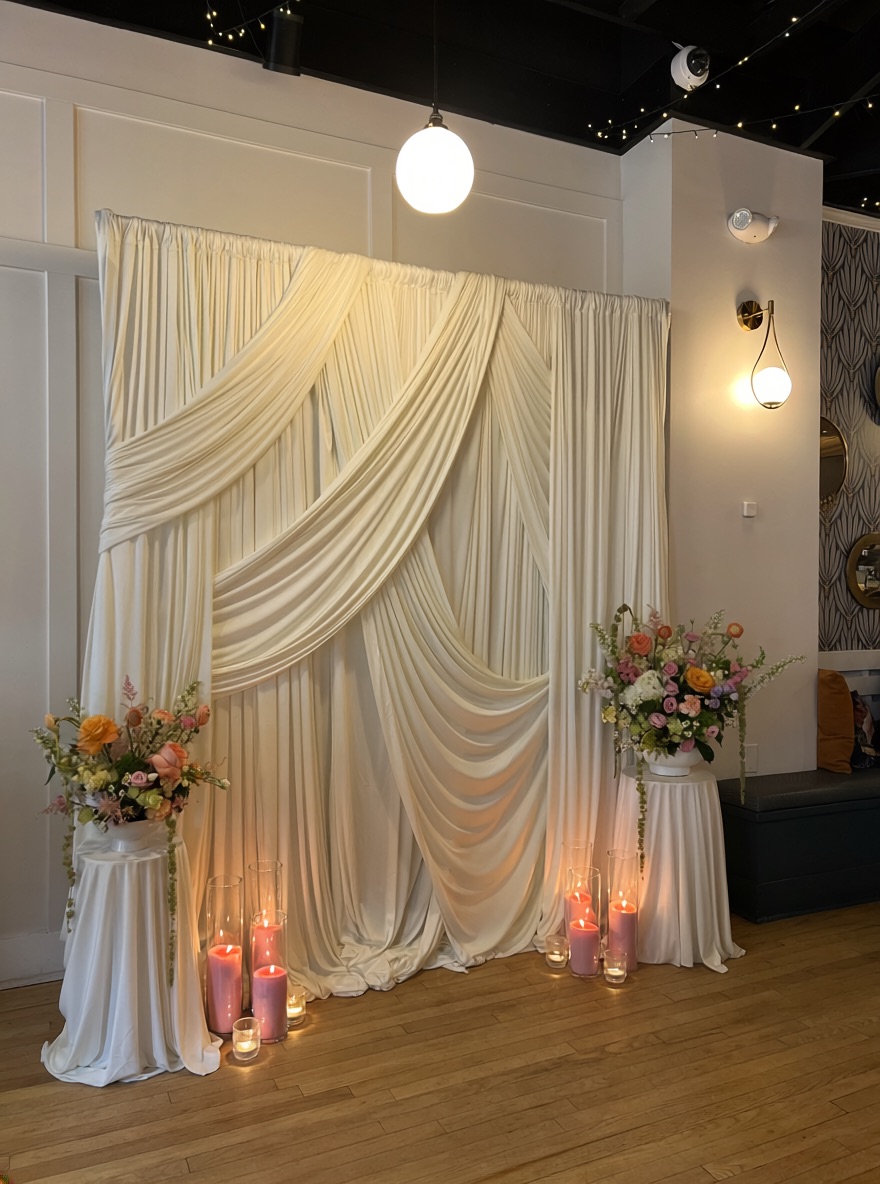 Private event photo backdrop with draped fabric, flowers, and candles at Flavia’s