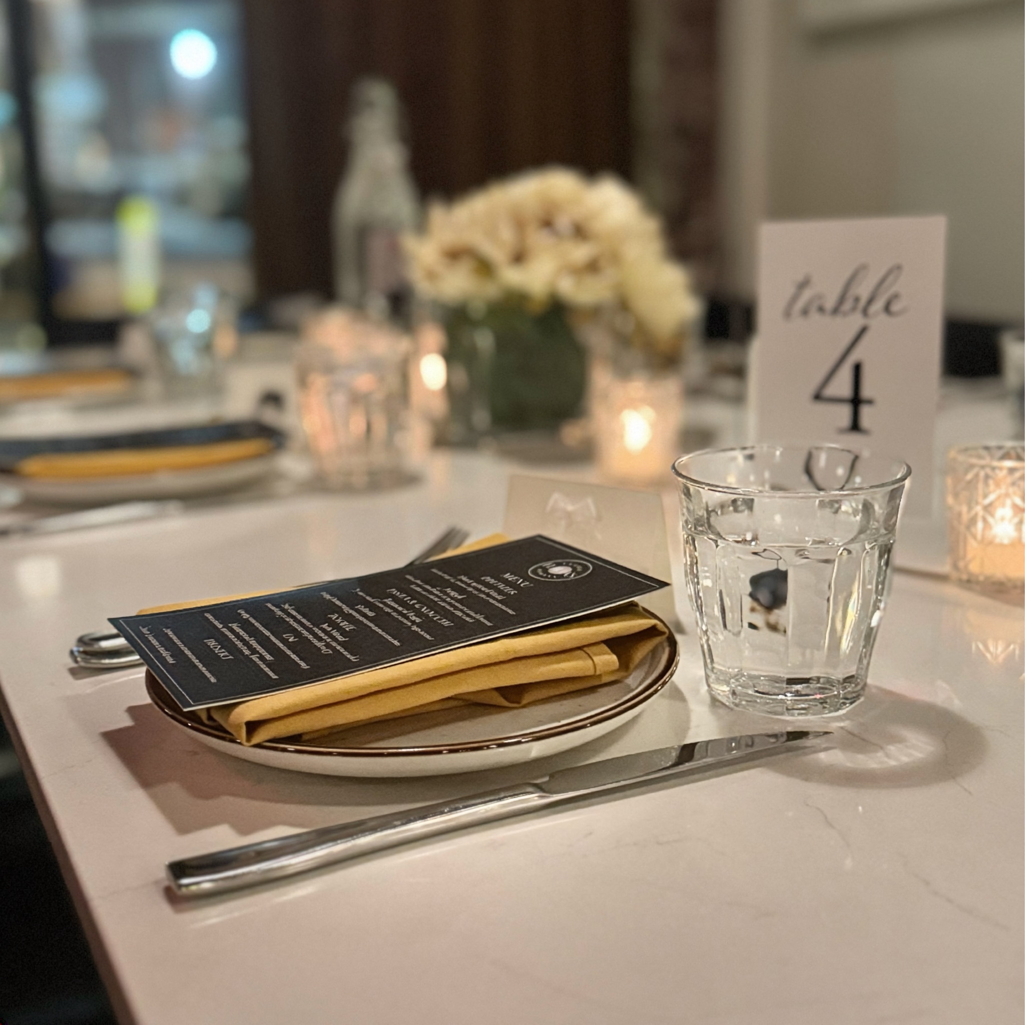 Private event menu and place setting at Flavia’s